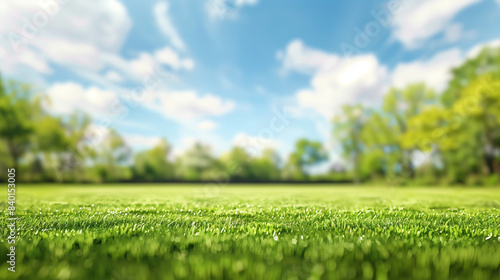 Beautiful green park with mowed lawn and lush trees on sunny spring day photo