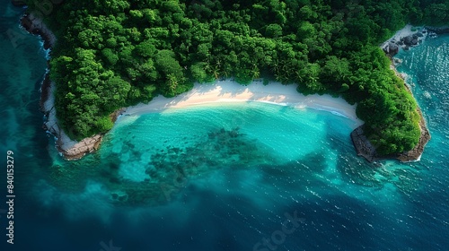 view of the island from above in a stunning illustration of white sandy beaches surrounding lush green forests  clear blue sea water sparkling in the sunlight