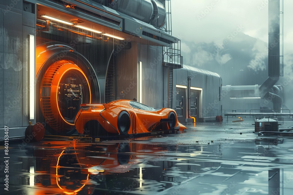 Fototapeta premium Futuristic orange sports car in a high-tech garage setting against a rainy backdrop, highlighting advanced automotive technology and sleek design.