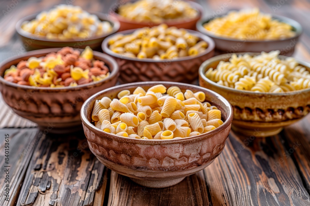 Dry pasta in several textured bowls. Wooden surface. Side view. Terracota Dry pasta in several textured bowls. Wooden surface. Side view. Terracota
