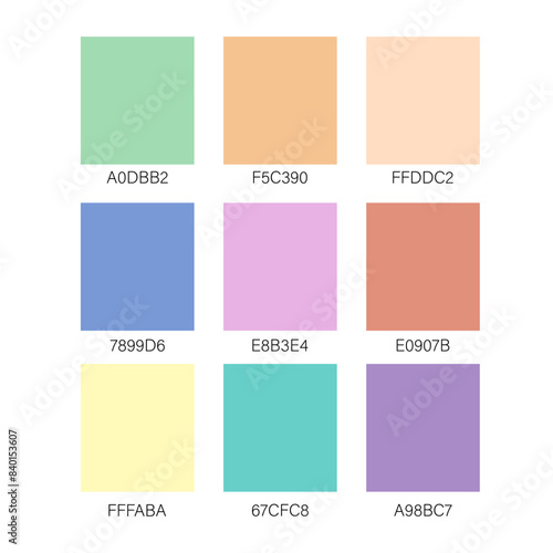 Muted pastel summer color palette with codes. Swatch guide, decoration, scheme. Vector.