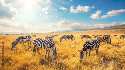 Zebras Grazing in Sunlit Savannah