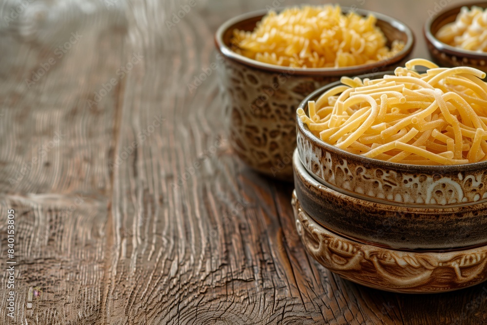 Dry pasta in several textured bowls. Wooden surface. Side view. Terracota. Copy space