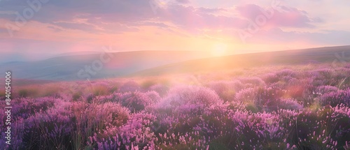 Panoramic view of purple heather flowers in the foreground, rolling hills and fields at sunrise background. 