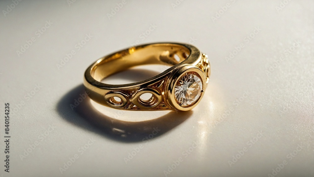 Beautiful golden ring with big diamond, plain, white background Beautiful golden ring with big diamond, plain, white background