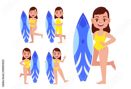 Human characters of surfers with their boards