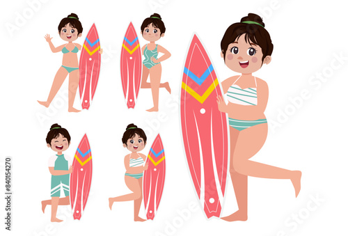 Human characters of surfers with their boards