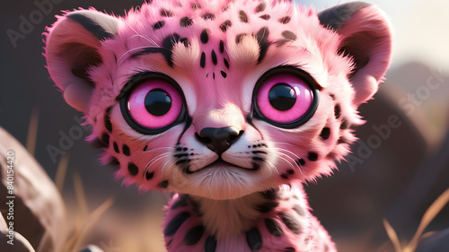 A cute Pink and charcoal baby cheetah with big pink eyes  animated  cartoon  unreal  8K.