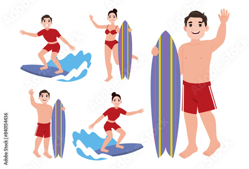 Human characters of surfers with their boards