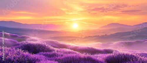 Panoramic view of purple heather flowers in the foreground, rolling hills and fields at sunrise background.  photo