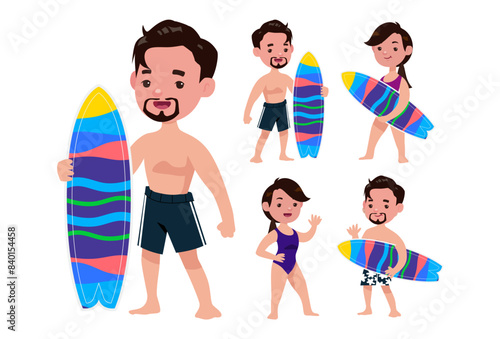 Human characters of surfers with their boards