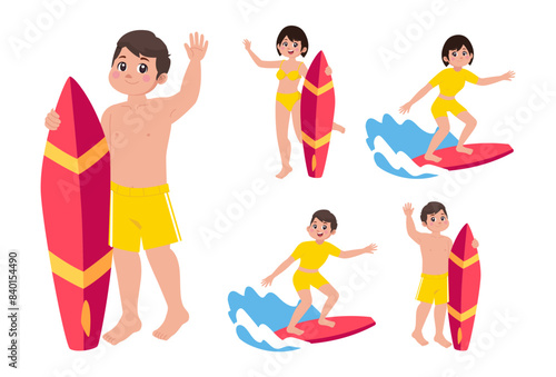 Human characters of surfers with their boards