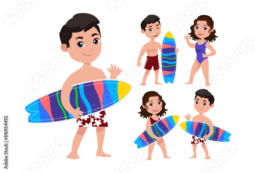 Human characters of surfers with their boards