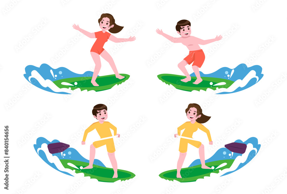 Human characters of surfers with their boards Human characters of surfers with their boards