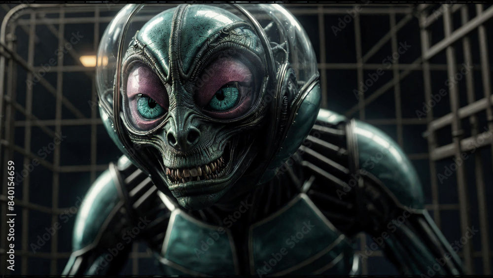 scary funny tan olive green alien with big purple shiny eyes looking in round metal cage starring at camera viewer lights behind, generative AI scary funny tan olive green alien with big purple shiny eyes looking in round metal cage starring at camera viewer lights behind, generative AI