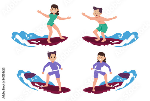 Human characters of surfers with their boards