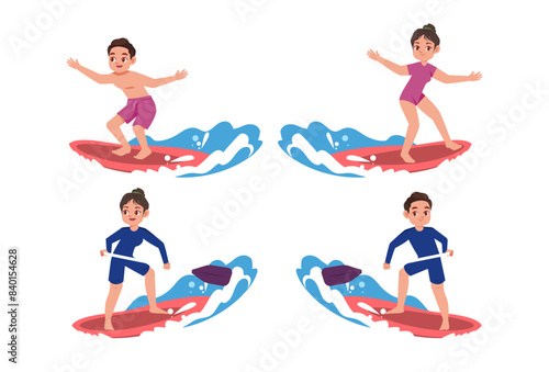 Human characters of surfers with their boards