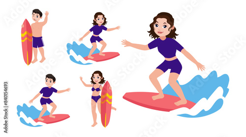 Human characters of surfers with their boards