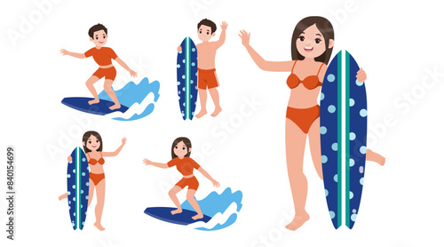 Human characters of surfers with their boards