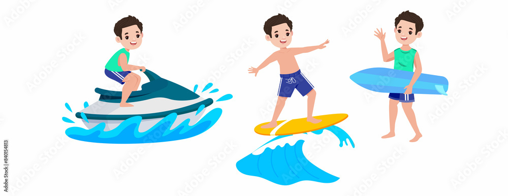 Fototapeta premium Human characters of surfers with their boards