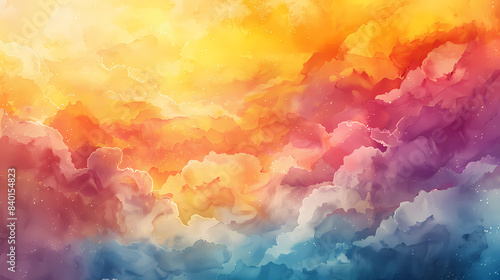 Vibrant and surreal watercolor sky with a stunning blend of warm and cool colors  resembling a dreamlike cloudscape.