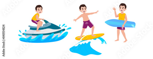 Human characters of surfers with their boards