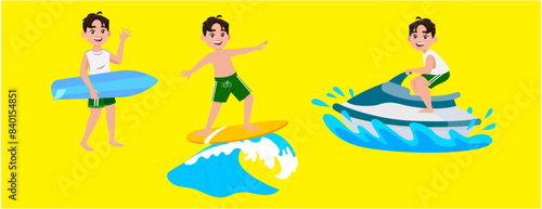 Human characters of surfers with their boards