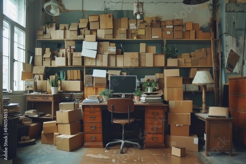 Multiple boxes stacked on room floor