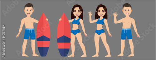 Human characters of surfers with their boards