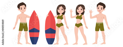 Human characters of surfers with their boards