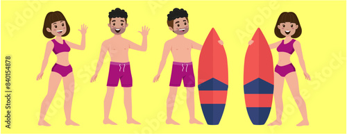 Human characters of surfers with their boards