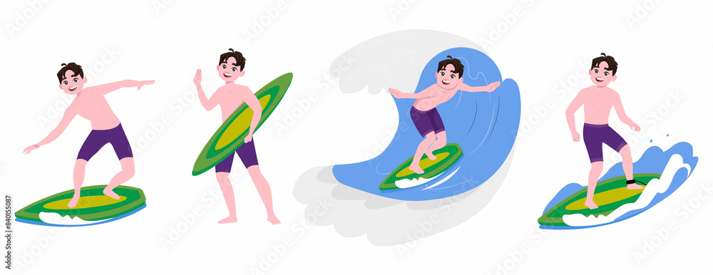 Human characters of surfers with their boards Human characters of surfers with their boards
