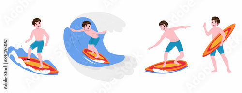 Human characters of surfers with their boards