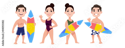 Human characters of surfers with their boards