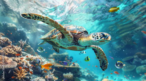 Graceful Turtle Moves Silently Through Vibrant Underwater World