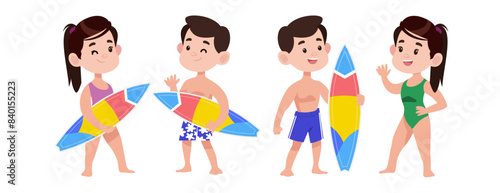 Human characters of surfers with their boards