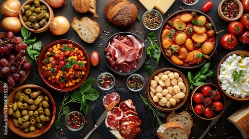 Top view of various foods as culinary concept background