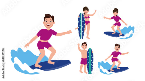 Human characters of surfers with their boards