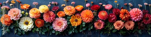 A row of colorful flowers beautifully arranged against a dark blue backdrop