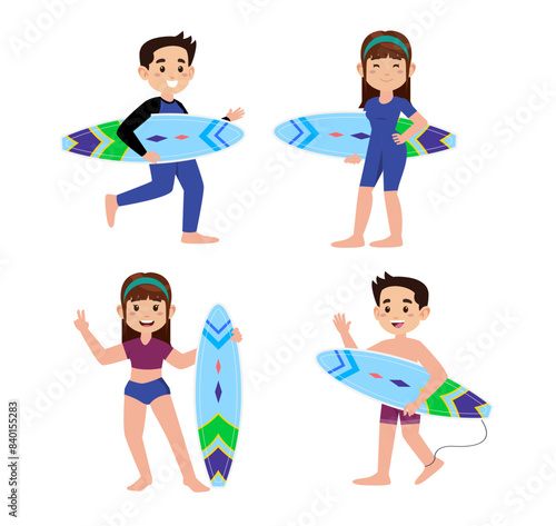 Human characters of surfers with their boards