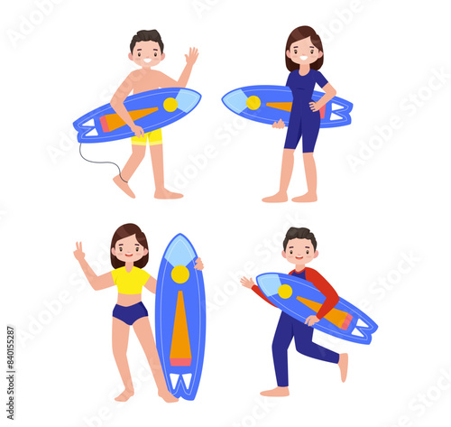 Human characters of surfers with their boards