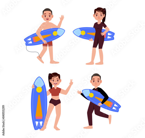Human characters of surfers with their boards