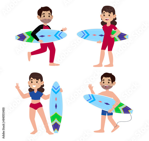 Human characters of surfers with their boards