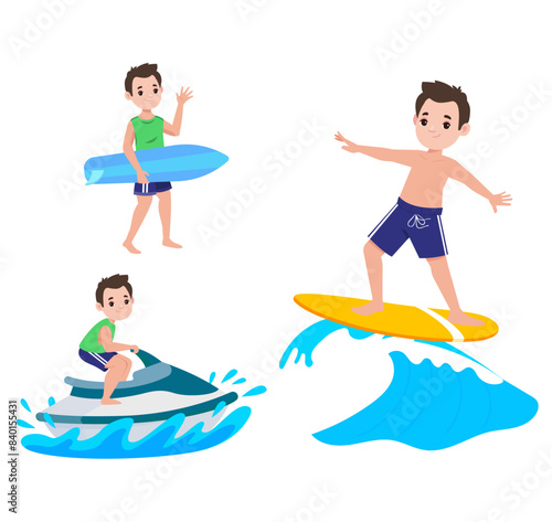 Human characters of surfers with their boards