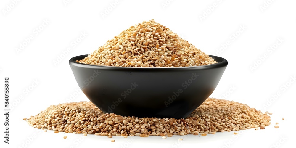 Sesame seeds in black bowl on white background viewed from the side. Concept Food Photography, Black Bowl, Sesame Seeds, White Background, Side View Sesame seeds in black bowl on white background viewed from the side. Concept Food Photography, Black Bowl, Sesame Seeds, White Background, Side View