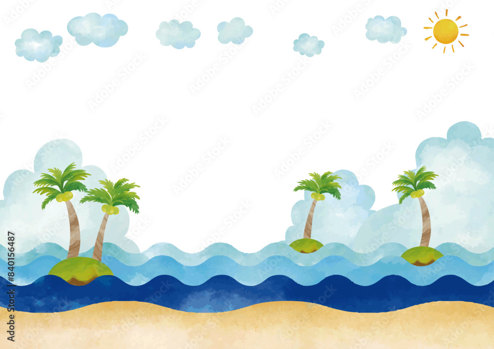 Fototapeta premium 水彩風 南国風景 ヤシの木と海と空 フレーム4