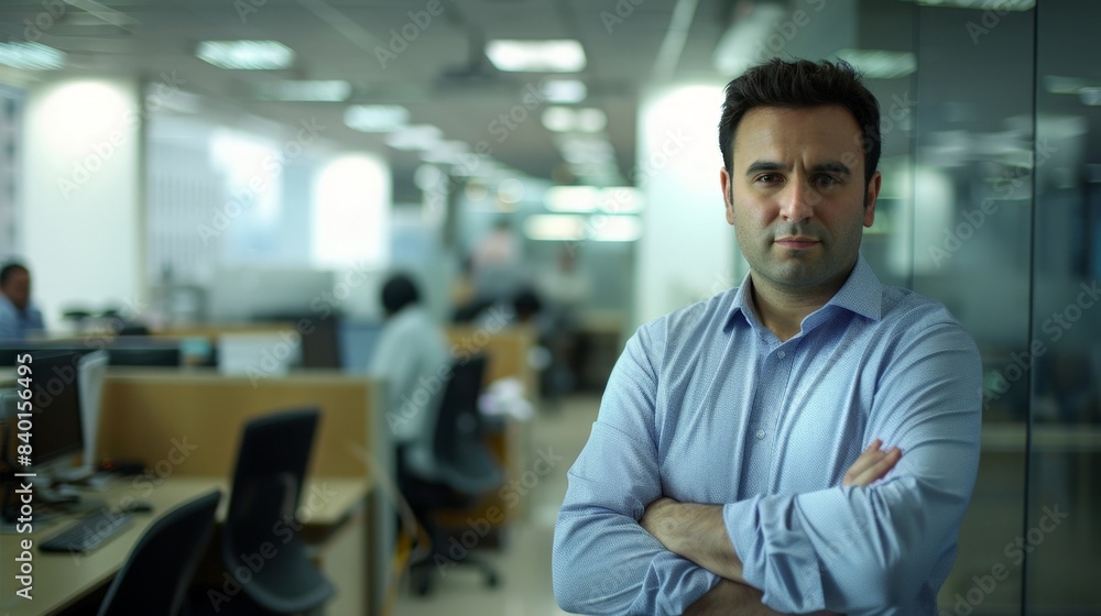 Confident Businessman Standing in Modern Office Environment with Team Working in Background Confident Businessman Standing in Modern Office Environment with Team Working in Background