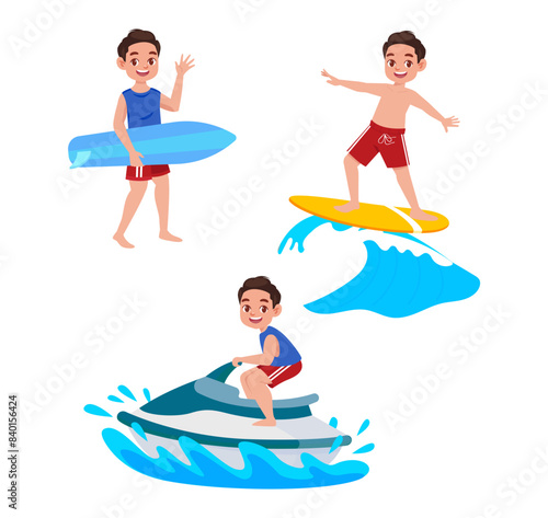 Human characters of surfers with their boards