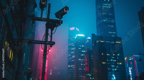 Futuristic Urban Nightscape with Surveillance Cameras Overlooking City Skyline