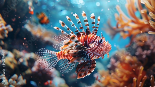 Majestic Lionfish Swimming Gracefully Among Coral Reefs in Tropical Waters